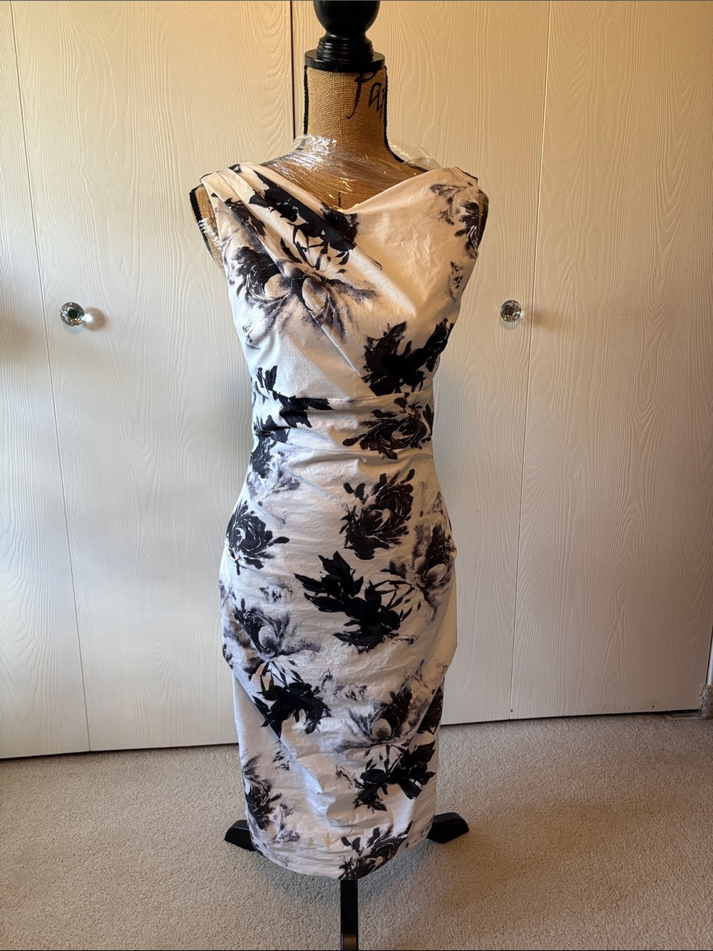 le chateau White and Black Floral Midi Sheath Dress